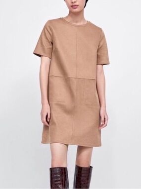 Zara Basic Tan Faux Suede Shift Dress w/ Patch Pockets Short Sleeve Size S